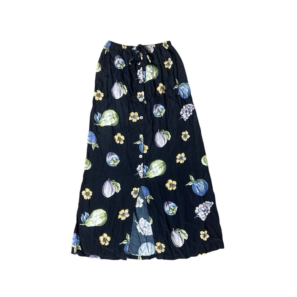 Vintage CLIO Petites Black Floral Skirt Size PS Buttons Bottom Slit Boho Fairy